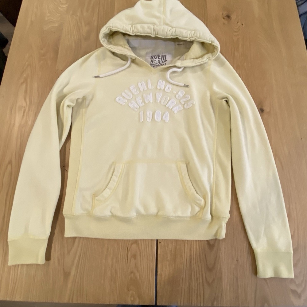 Vintage Ruehl 925 New York Hoodie Womens‎ XL Yellow Pullover Sweatshirt Y2K